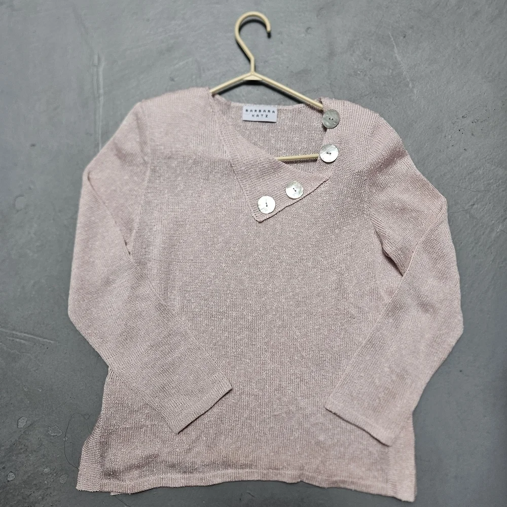 Vintage Barbara Katz Feather Pink Sz M Lenin Blend Knit Bliuse Shell Button - Picture 10 of 16